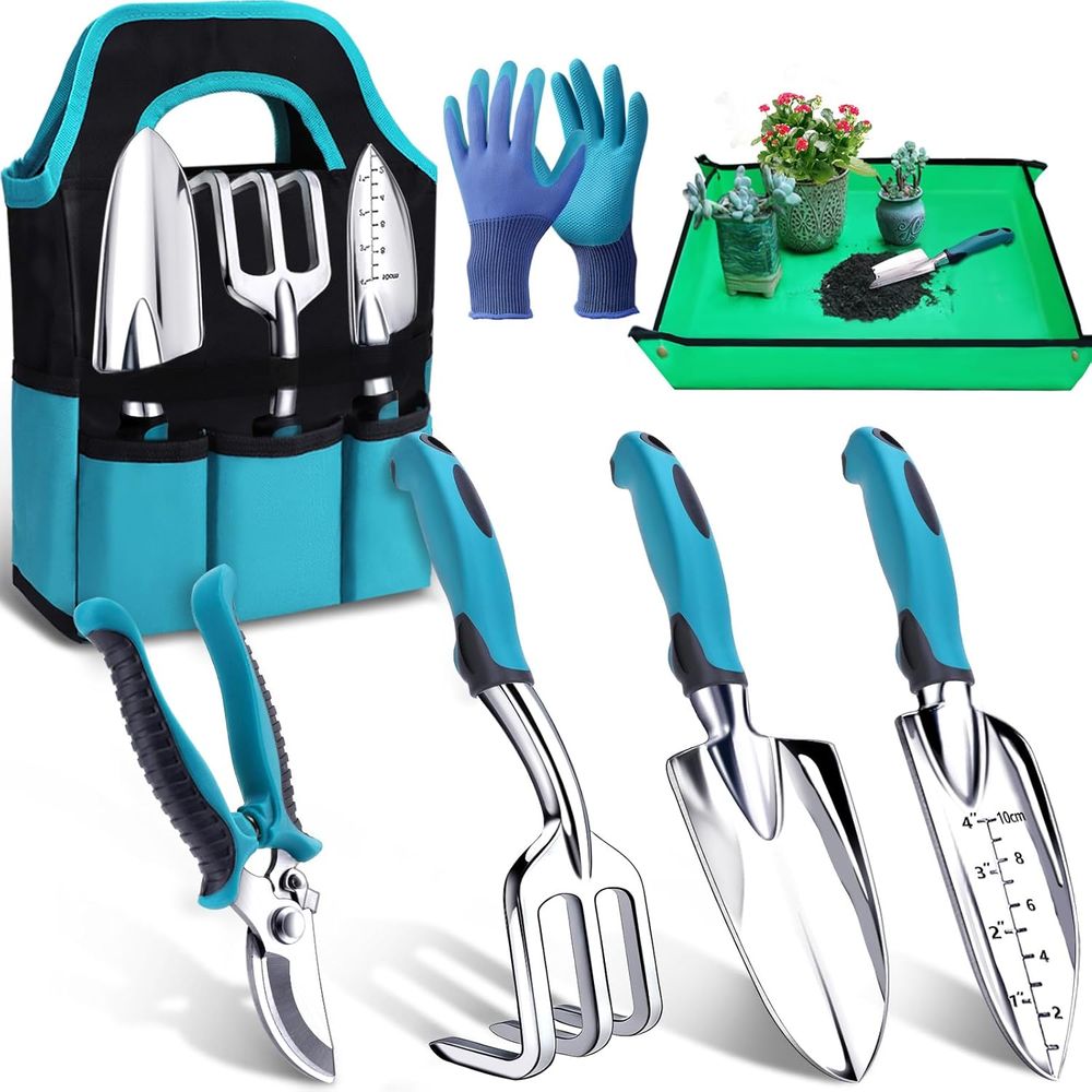 Gardening Tools Essential - 丈夫な7点セットのガーデニングツールセット。移植用スコップ、手動シャベル、移植マット、錆びにくい素材を使用。ガーデニング愛好家に欠かせないアイテム。